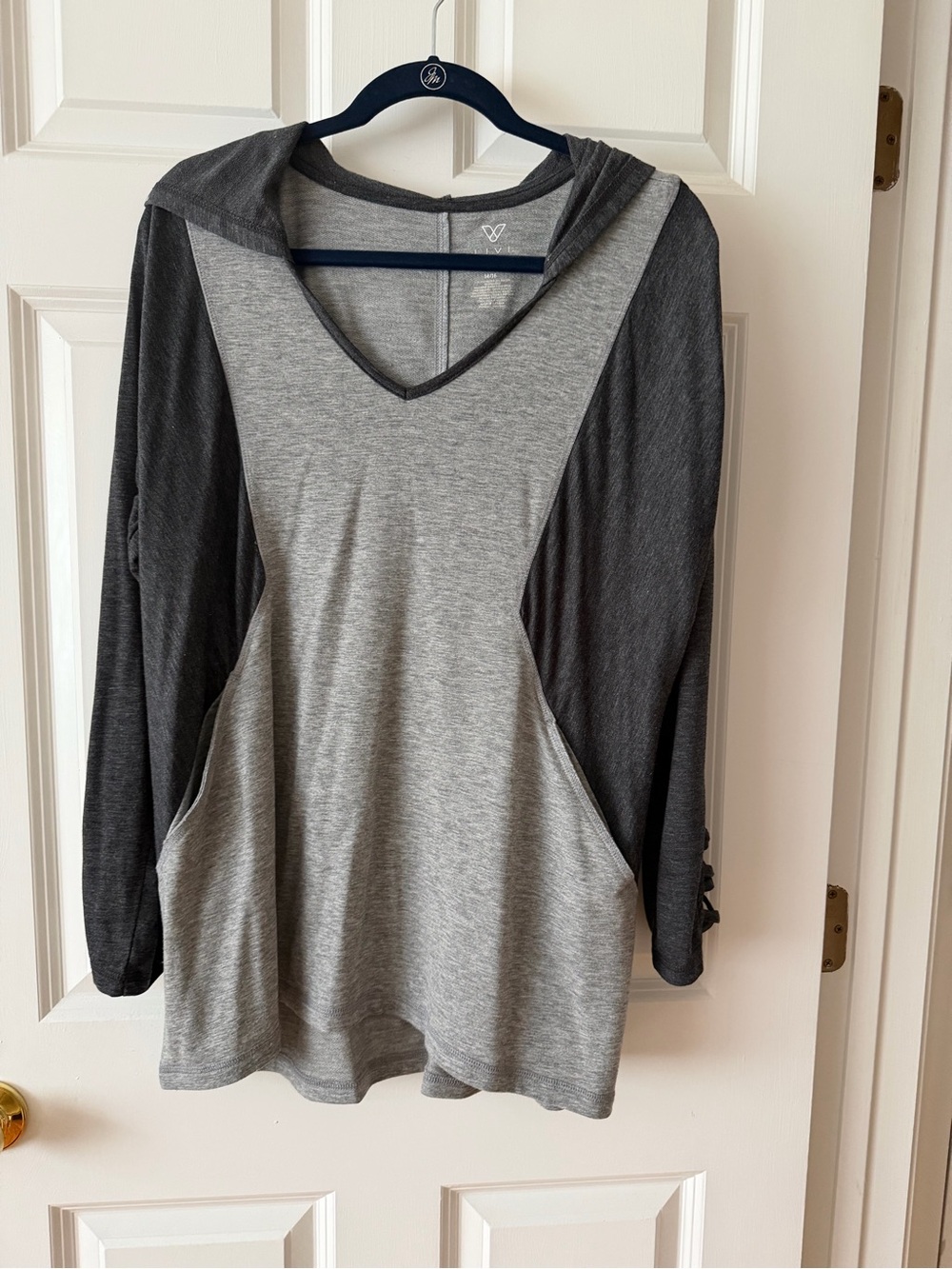 Livi Active Two-Tone V-Neck Hooded Pullover - Light Gray & Dark Gray